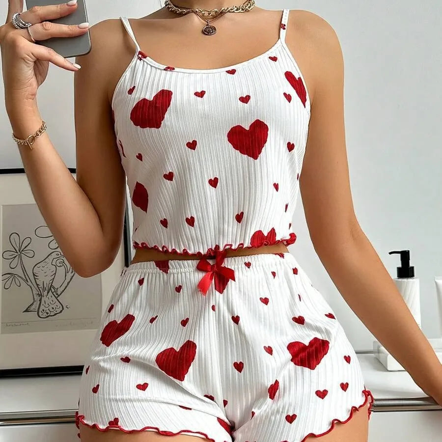 Home Daily Women's Sweet Heart Shape Spandex Polyester Shorts Sets Pajama Sets
