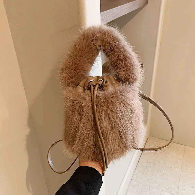 Women's Plush Solid Color Streetwear Bucket String Shoulder Bag Crossbody Bag Bucket Bag