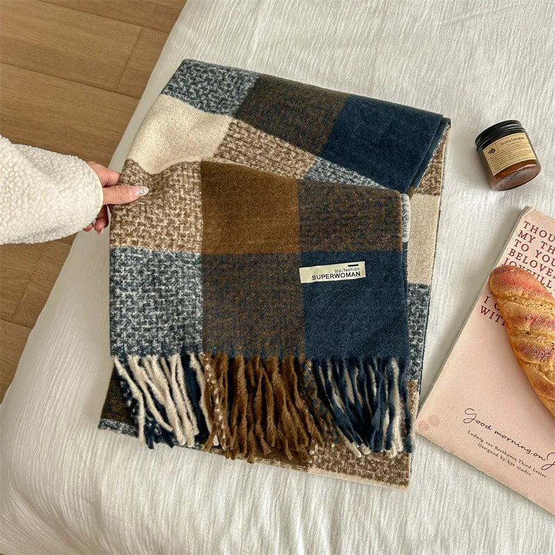 Women's Sweet Plaid Imitation cashmere Tassel Scarf