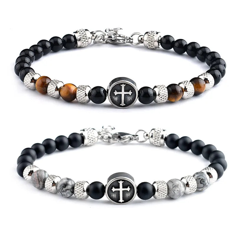 retro geometric stainless steel stone beaded men's bracelets