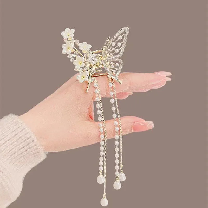 Alloy butterfly hairpin Korean high-end sense exquisite pearl tassel hair accessories half hair clip women's headdress wholesale