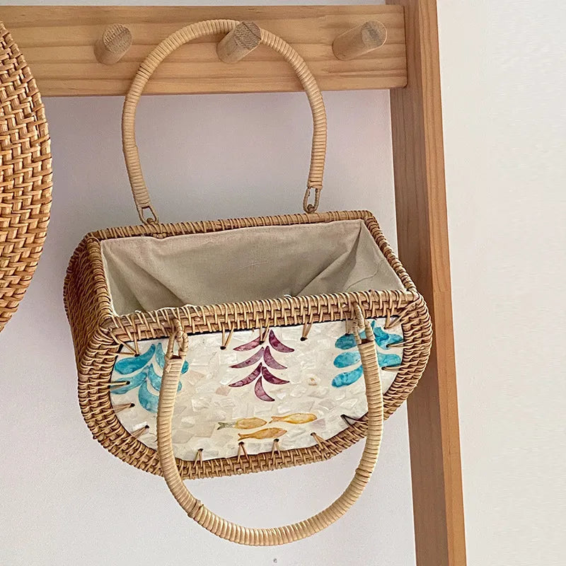 Nordic style handmade basket shell Rattan woven storage picnic travel basket handmade woven handbag