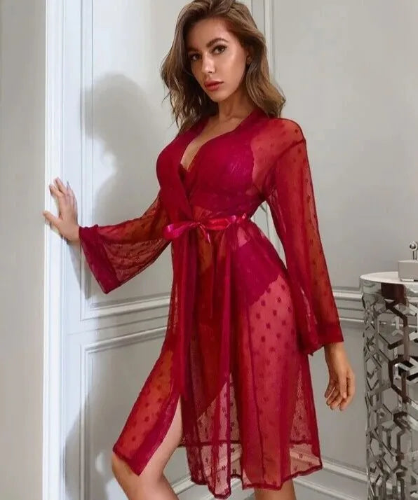Sexy Underwear Women's Transparent Sexy Lace Mesh Nightdress Tulle Sling Skirt Bathrobe Three-piece Set
