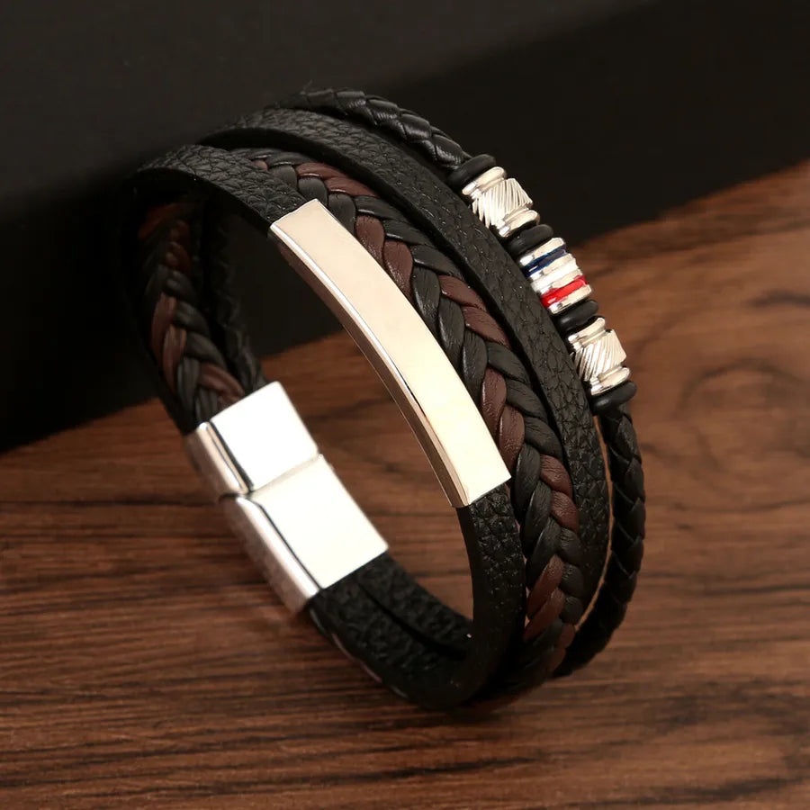 Hip-Hop Geometric Stainless Steel Pu Leather Alloy Men's wristband
