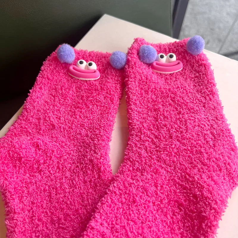 women's casual cartoon polyester coral fleece crew socks a pair