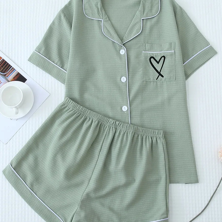 Home Women's Vacation Simple Style Heart Shape Polyester Shorts Sets Pajama Sets