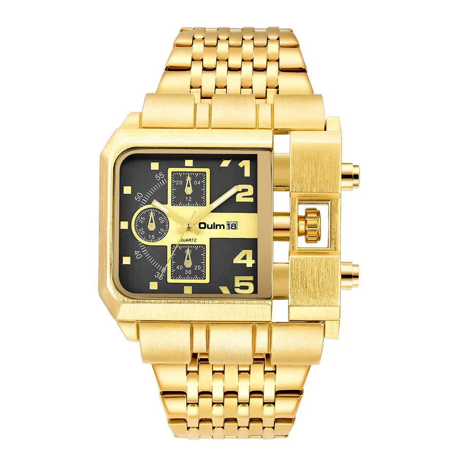 Oulm gold  large dial men's watch steel band calendar square quartz men's watch  leisure style wrist