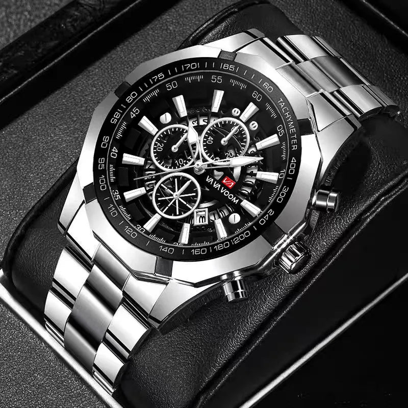 new spot wholesale watch men's steel band three eyes six needle luminous calendar sports waterproof quartz watch