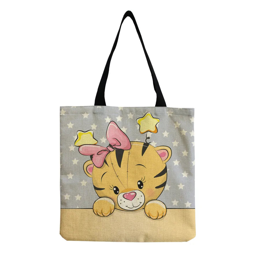 Women's Cute Animal Cartoon Linen Shopping bags