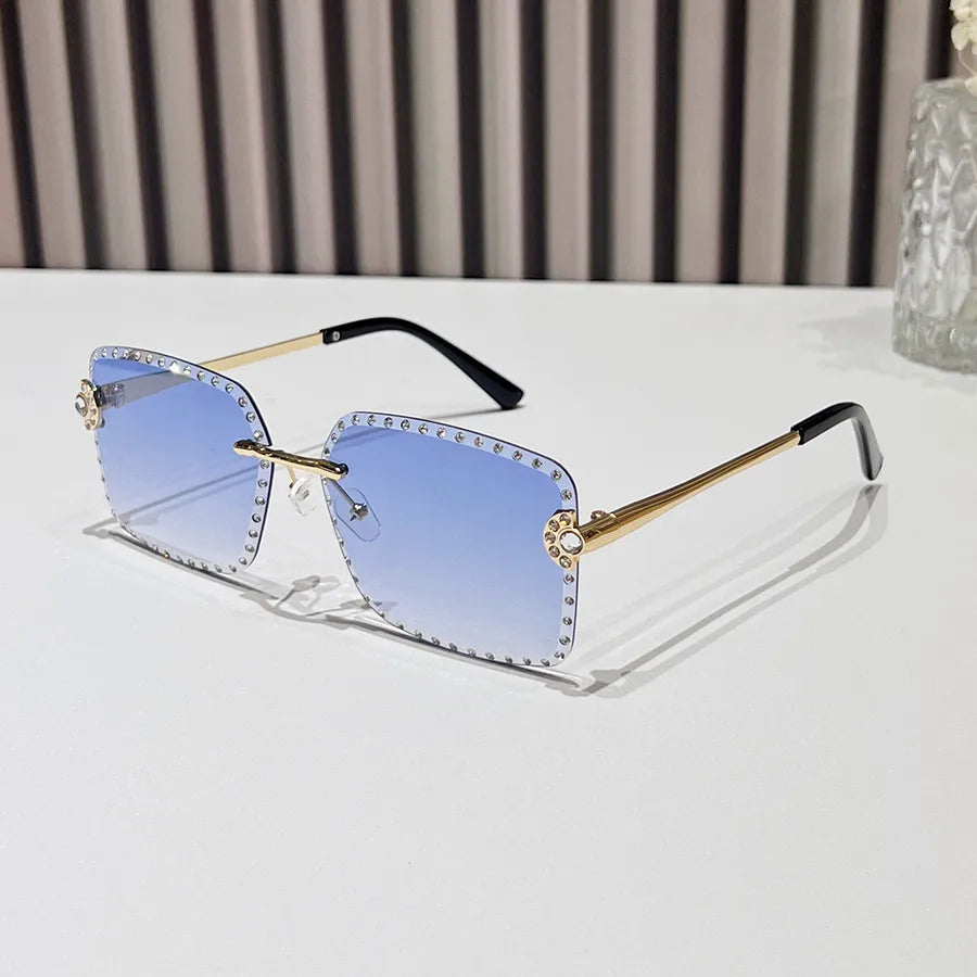 Casual Hip-Hop Color Block Pc Square Rhinestone Frameless Glasses