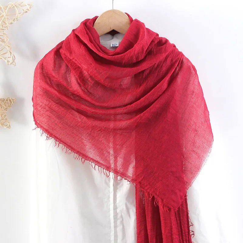 Hot selling solid color pleated cotton and linen scarf  women's bag headscarf crumpled hair fringe bubble scarf women's scarf cover head