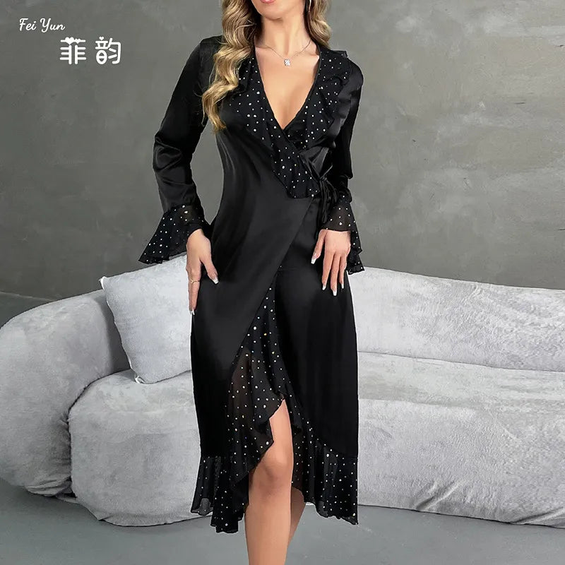 Fashionable V-Neck Long Sleeve Sequin Nightgown Women's Satin Robe Home Clothes Breathable Lightweight Polyester Silk Blend