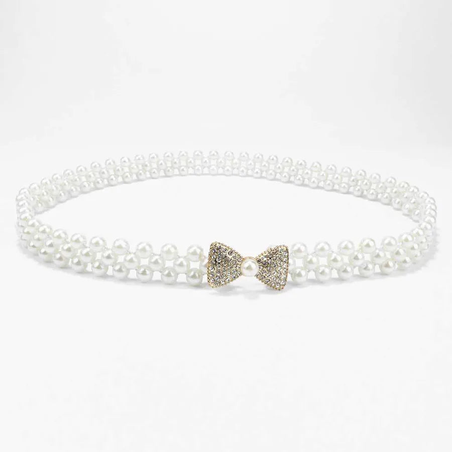 sweet oval flower bow knot imitation pearl metal inlay rhinestones women's chain belts