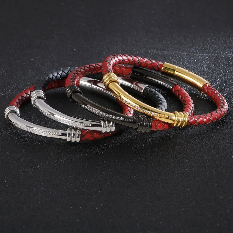 Retro Geometric Pu Leather Titanium Steel Plating 18K Gold Plated Men's Bangle