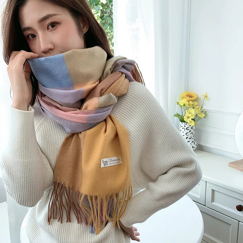 women's casual simple style color block imitation cashmere tassel scarf