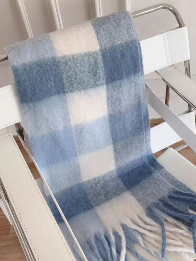 women's simple style lattice imitation cashmere tassel scarf