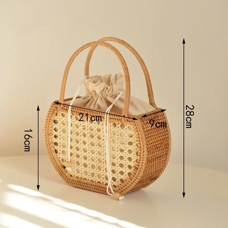 Women's Medium Straw Geometric Vacation Bucket String Straw Bag