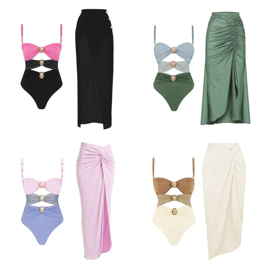 Women's Basic Classic Style Color Block 2 Pieces Set One Piece Swimwear