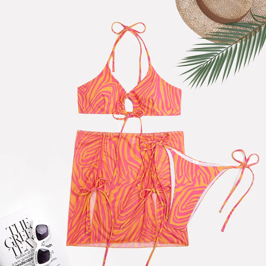 Women's Stripe Gradient Color 3 Pieces Set Bikinis Swimwear