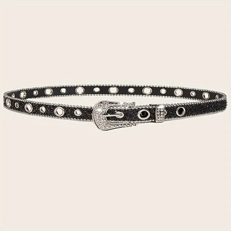 retro sweet solid color pu leather alloy diamond women's leather belts