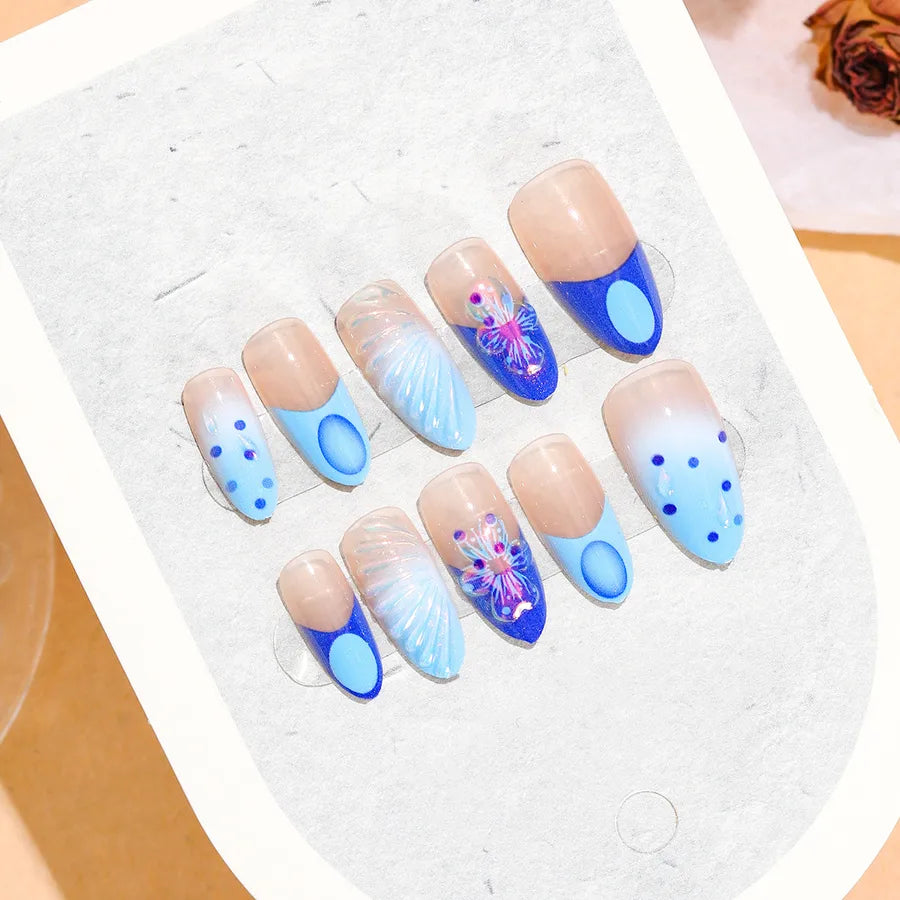 Handmade Almond Nail Press-Ons 3D Floral Shell Design Gradient White Effect European Style Nail Art False Nails Set