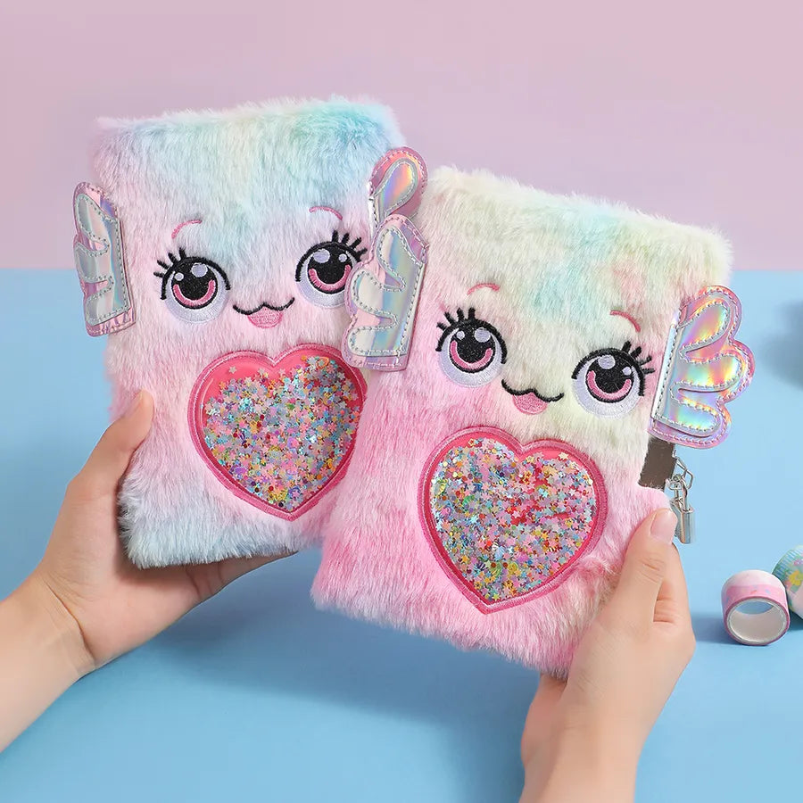 Cute Cartoon Plush Notebook With Lock For Students A5 Size Smiley Face Design Girls Big Eyes Holiday Gift Book