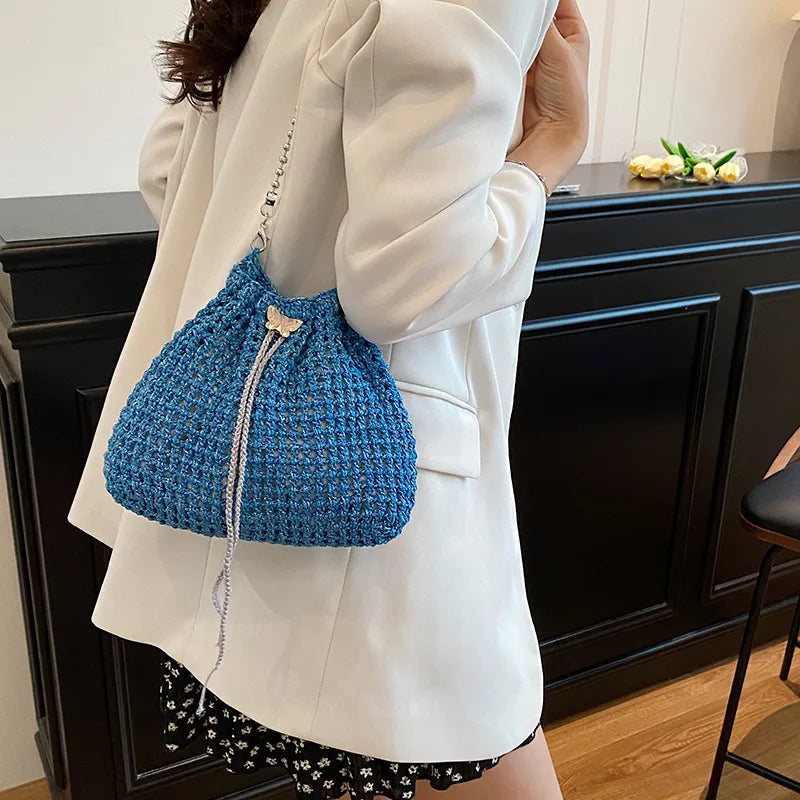 Special-Interest Design Hollow Knit Woven Women's Cross-Body Bag, Fashion Crocheted Bucket Bag, Versatile Chain Small Bag