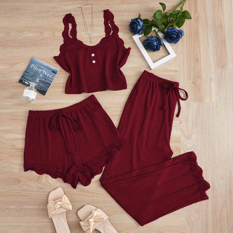 Europe and the United States  foreign trade new lace lace pit vest trousers pajamas women wear slim three-piece suit