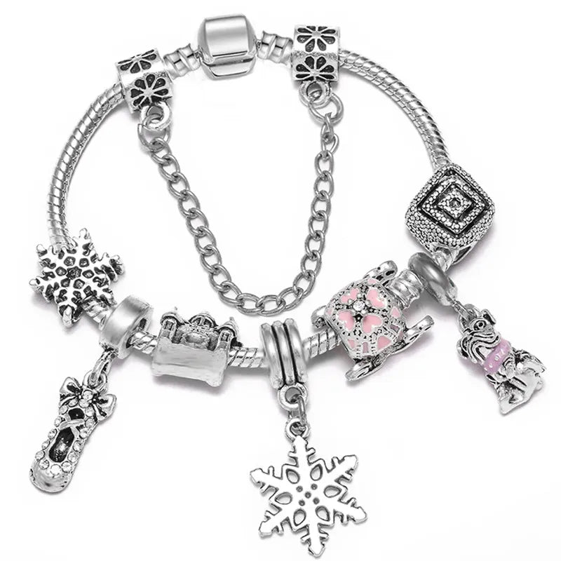 Christmas Style Snowflake Pendant Crystal Facet Bead Suitable For European Dangle Charm Bracelet Silver Color Women's Jewelry