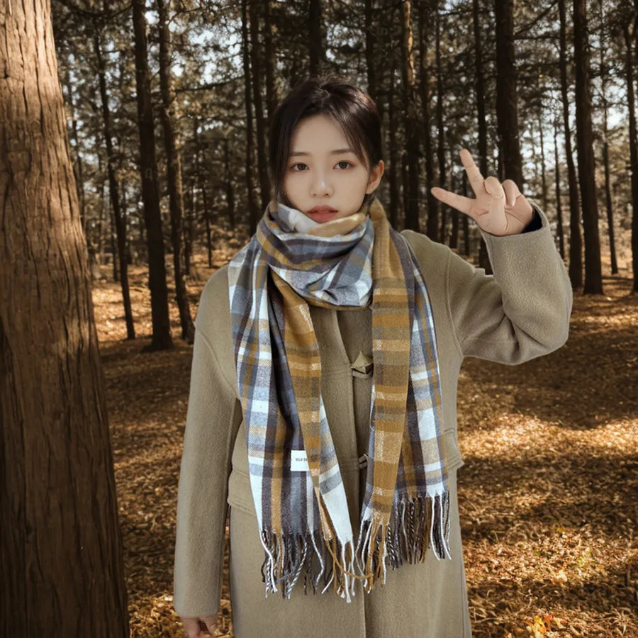 women's casual simple style color block imitation cashmere tassel scarf