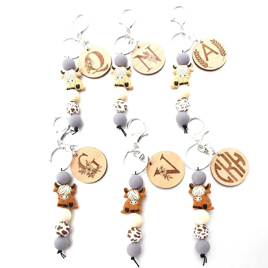 Cute Letter Cattle Flower Silica Gel Unisex Keychain