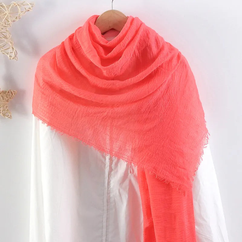 Hot selling solid color pleated cotton and linen scarf  women's bag headscarf crumpled hair fringe bubble scarf women's scarf cover head