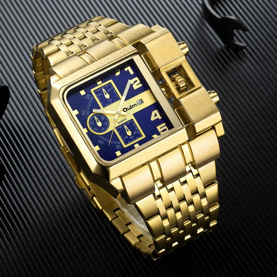 Oulm gold  large dial men's watch steel band calendar square quartz men's watch  leisure style wrist
