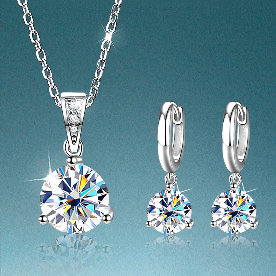 Moissanite Earrings Necklace White Gold Plated Earrings Necklace