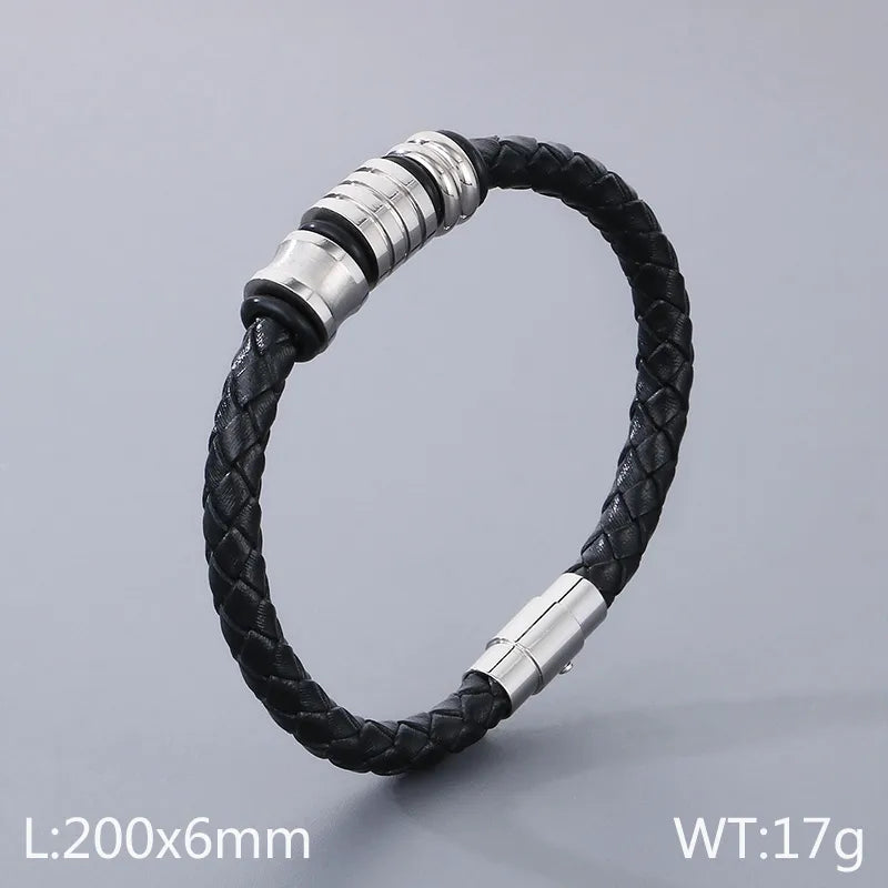 simple style geometric leather titanium steel men's bangle