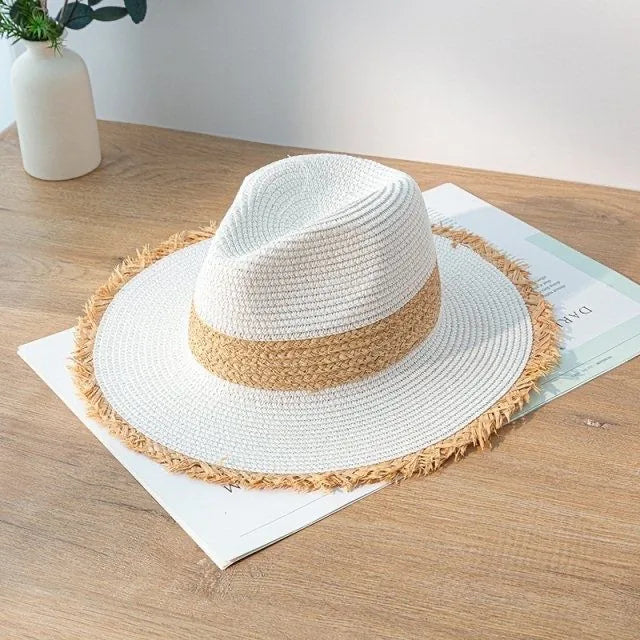 women's pastoral simple style color block big eaves straw hat