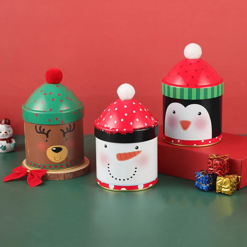 Adorable Christmas Candy Box Santa Claus Reindeer Snowman Storage Can Personalized Christmas Hat Iron Box Gift Packaging