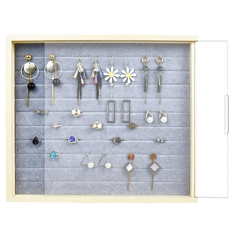 Solid wood dustproof jewelry box wall-mounted household earrings earrings display rack ring storage tray necklace earrings box