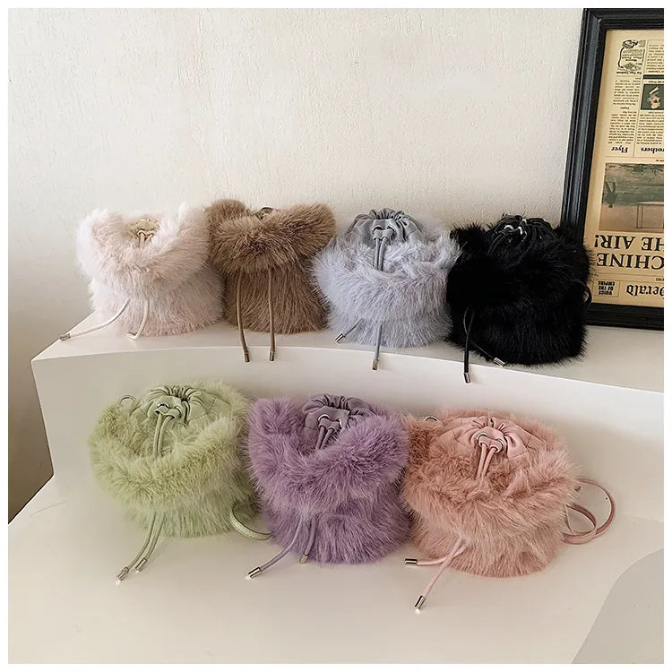 Women's Plush Solid Color Streetwear Bucket String Shoulder Bag Crossbody Bag Bucket Bag