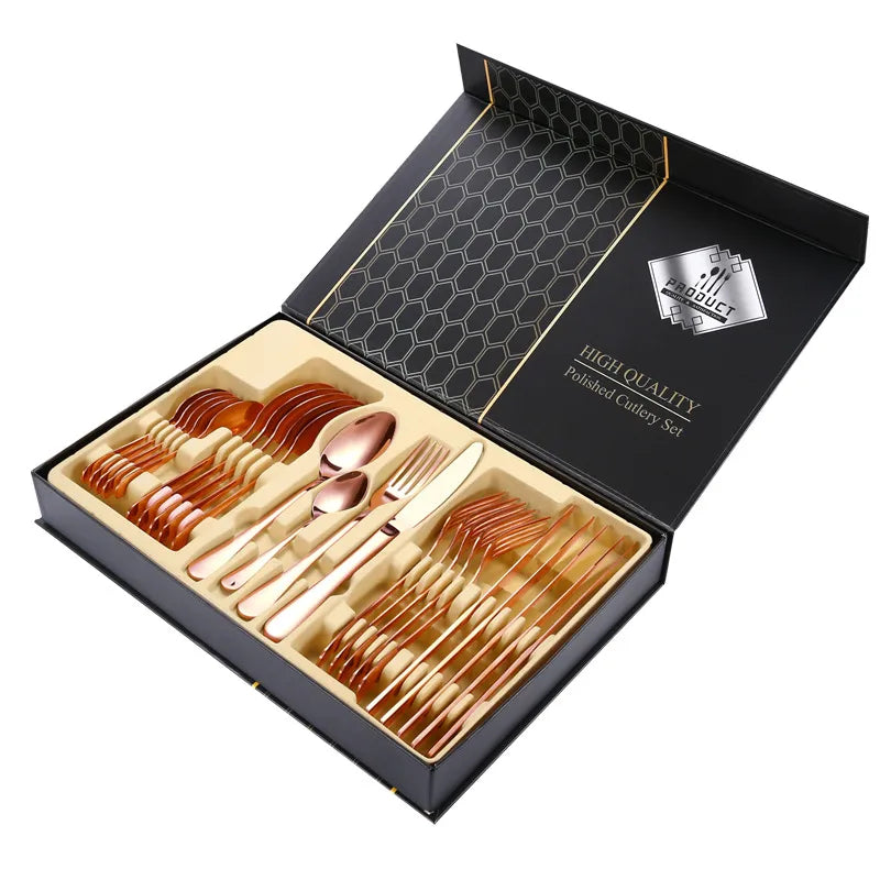 1010 stainless steel tableware 24-piece golden steak knife, fork and spoon gift box Western tableware suit