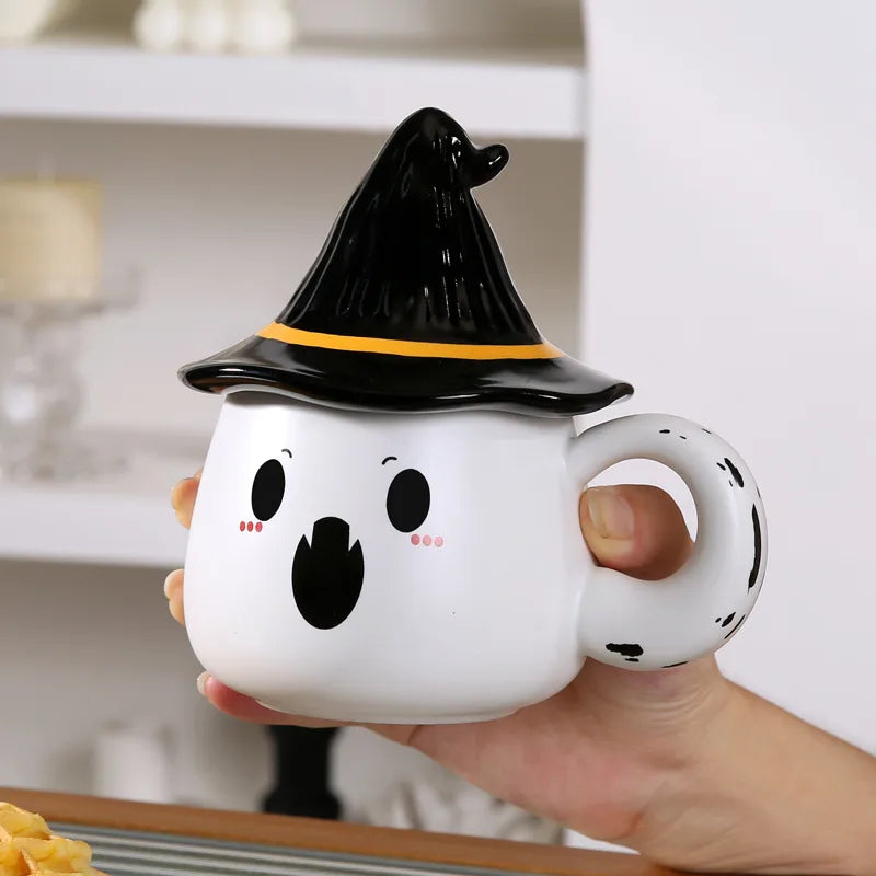 Creative Ghost Ceramic Mugs Halloween Office Coffee Cups With Lid Personalized Funny Water Cups Cartoon Style Gift Ideas