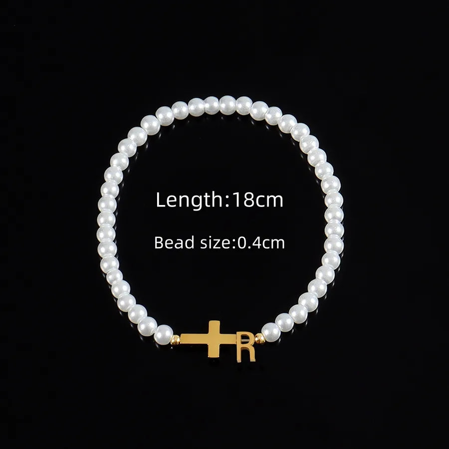 Classic Style Cross Letter 304 Stainless Steel Artificial Pearl Beaded Chain Beaded Bracelets Wholesale
