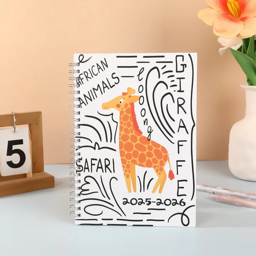New A5 Spiral Notebook For Students -2026 Academic Year Course Planner Calendar Floral And Giraffe Patterned Notebook