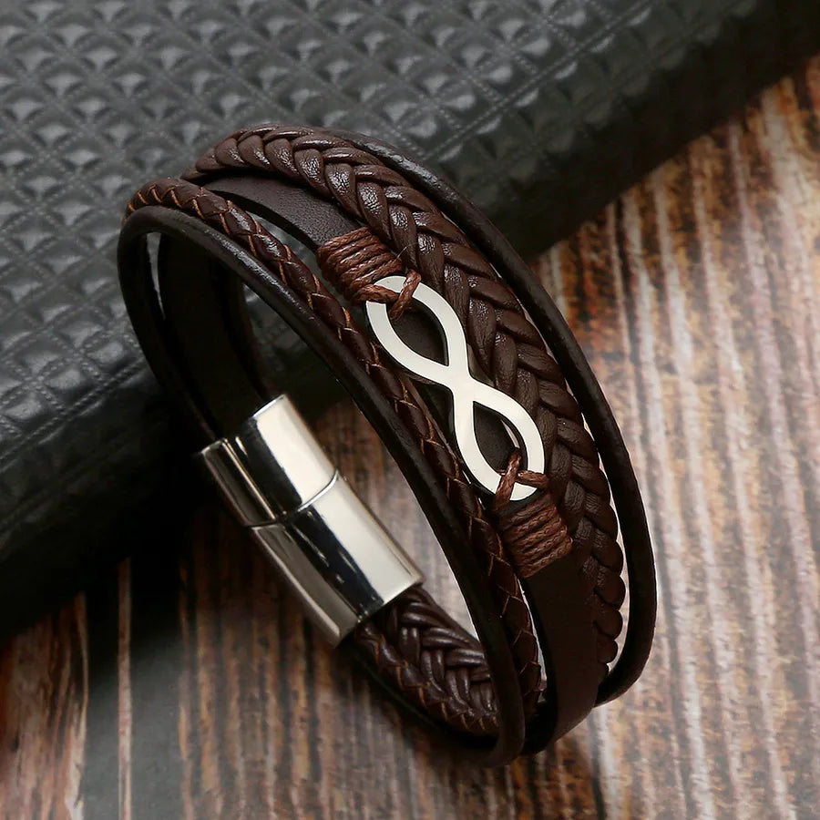 retro number leather titanium steel braid men's bangle