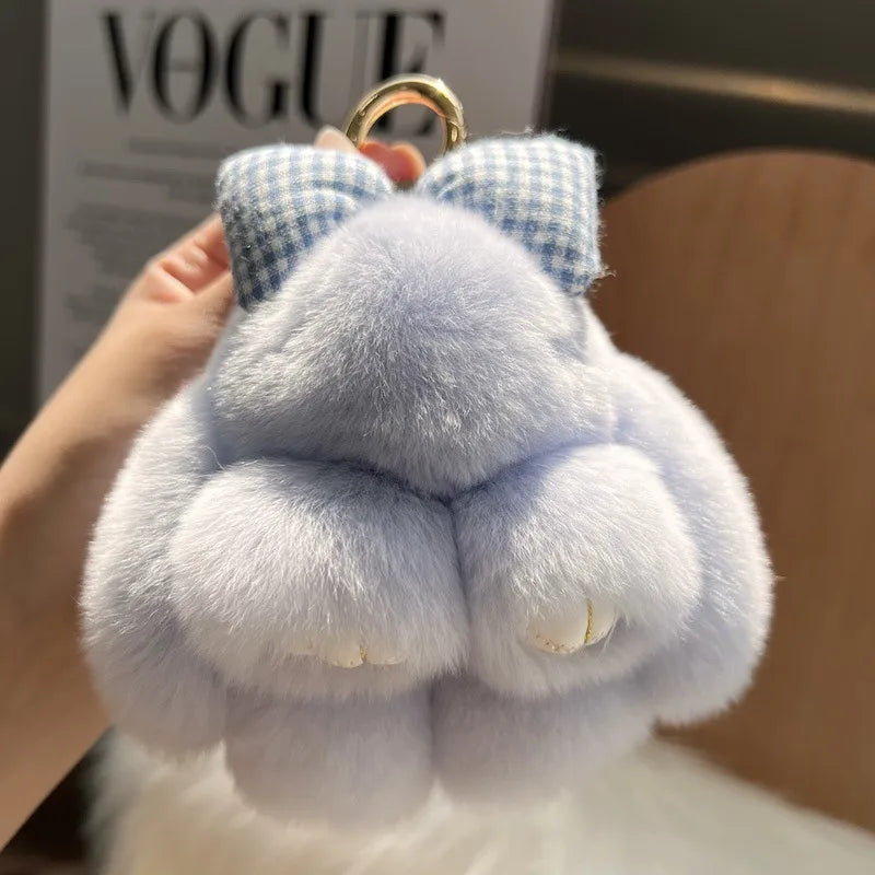 Cute real Rex rabbit fur bow rabbit car key chain pendant plush doll schoolbag bag hanging ornaments wholesale