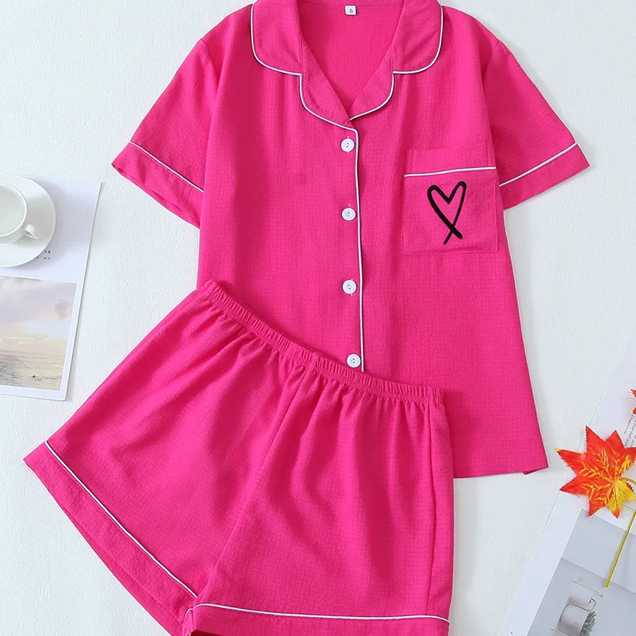 Home Women's Vacation Simple Style Heart Shape Polyester Shorts Sets Pajama Sets