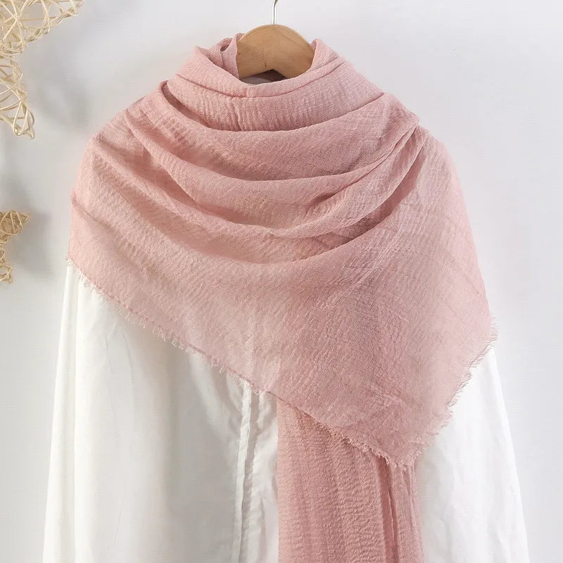 Hot selling solid color pleated cotton and linen scarf  women's bag headscarf crumpled hair fringe bubble scarf women's scarf cover head