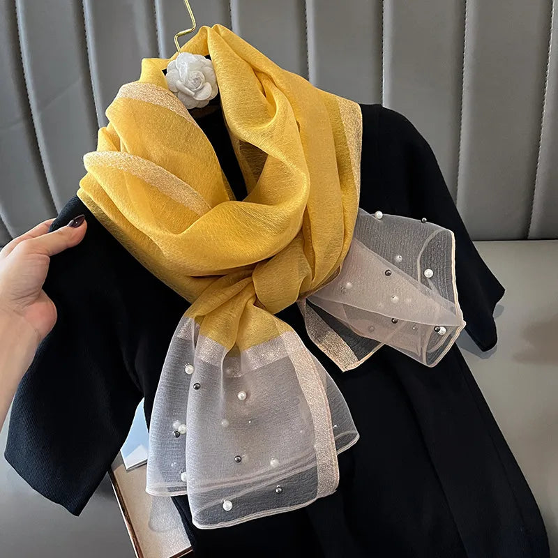 women's simple style color block satin pearl silk scarf