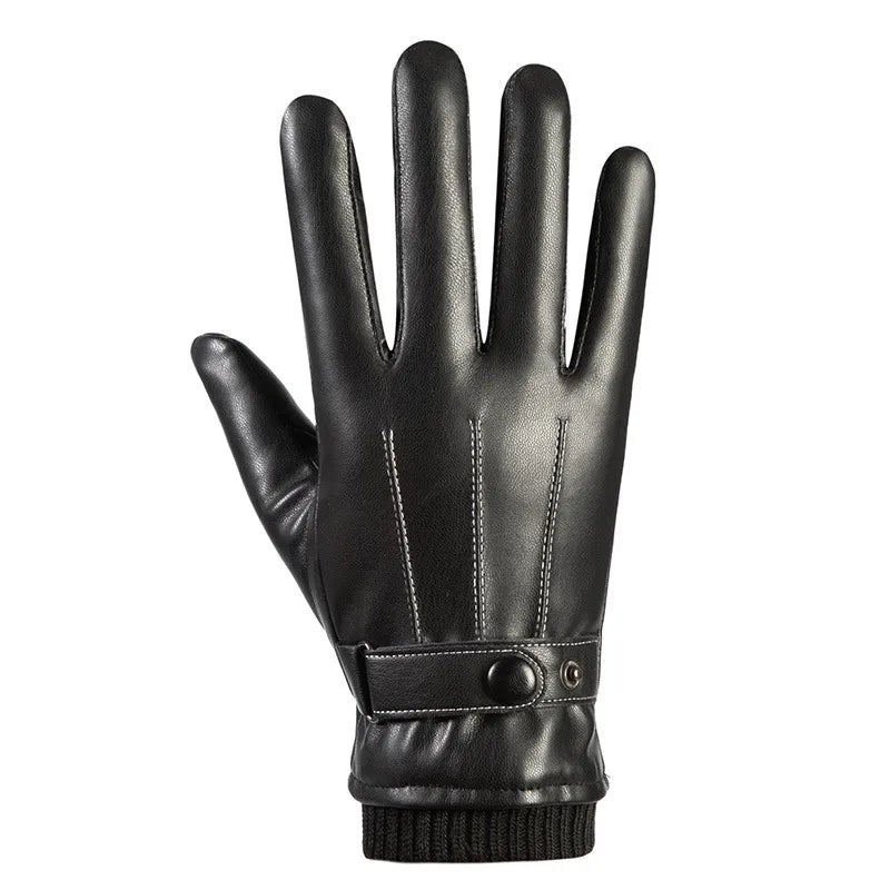 Autumn and winter men's leather gloves PU touch screen gloves fleece-lined warm warm cold driving full finger outdoor riding gloves