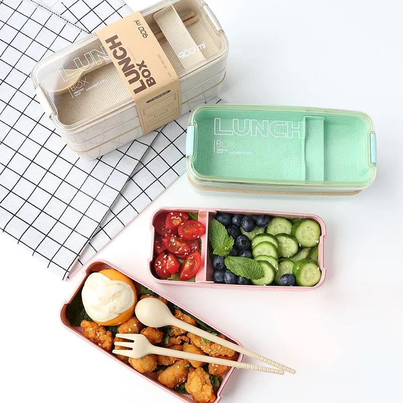 Square three-layer wheat straw fiber plastic lunch box student adult lunch box with tableware can be customized logo